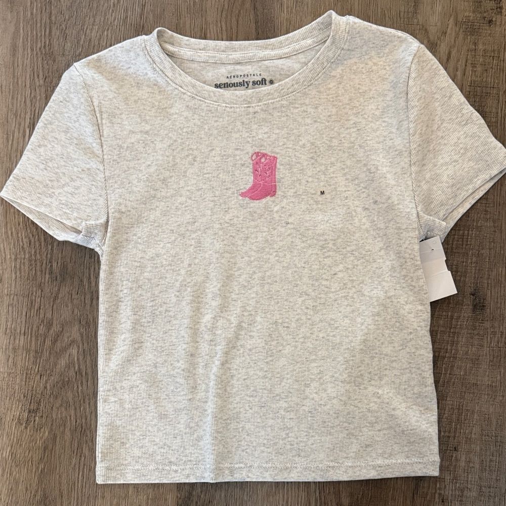 Aeropostale Seriously soft Ribbed Baby Tee with Pink Boot Embroidery M